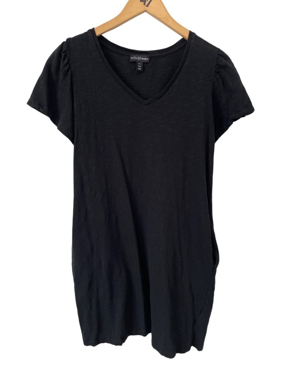 Tribal Femme Tunic Dress Small Petite V-Neck Short Sleeve Solid Black Minimalist